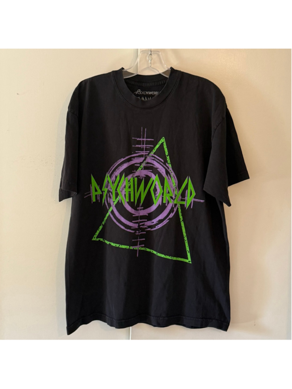 Psyche World black cotton T-shirt purple green graphics Halloween punk goth alt